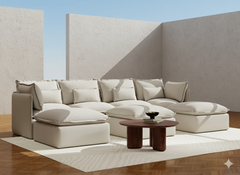 4 Seater / U-Sectional + Ottoman / Linen Beige