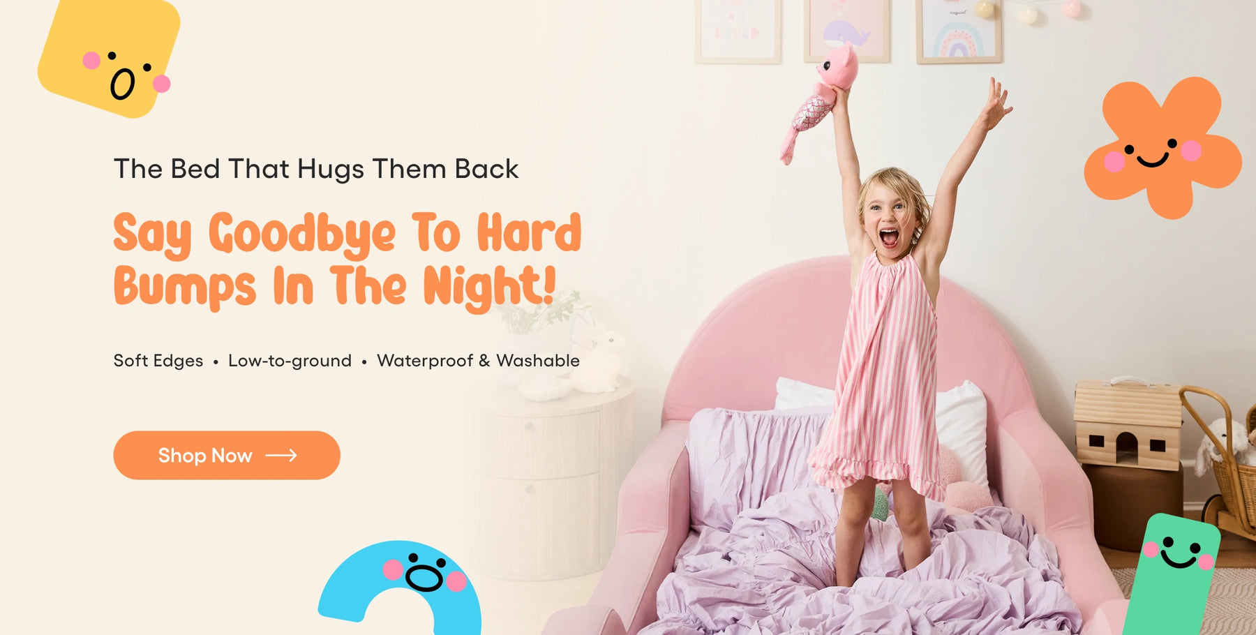 Child in a pink bed with promotional text about a bed that hugs them back.