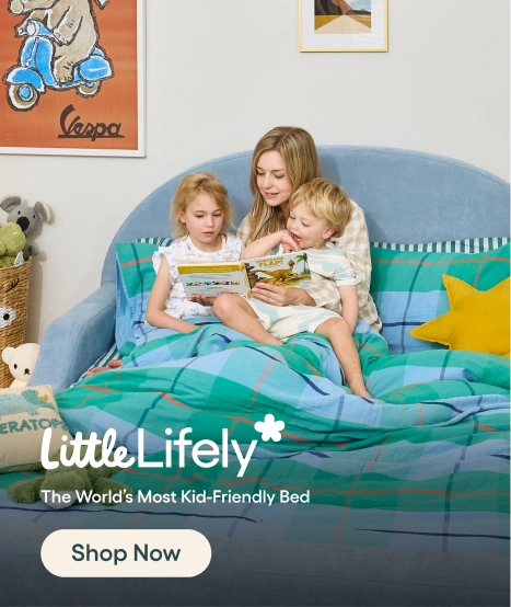 Children and woman reading a book on a 'Little Lifely' bed in a child-friendly room.