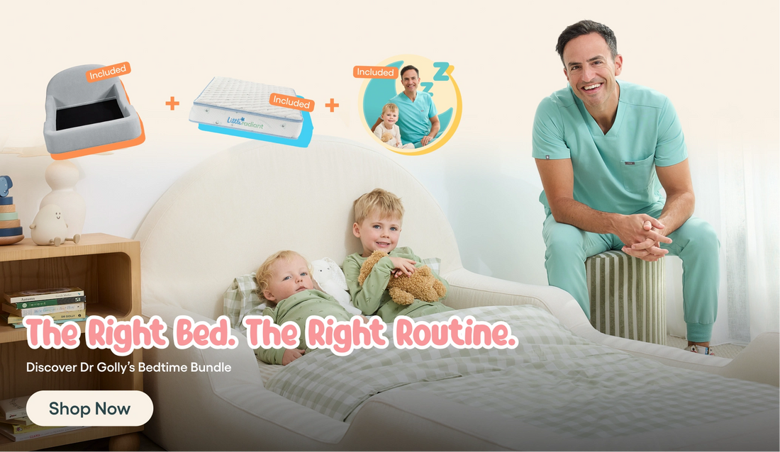 A lifestyle advertisement showing a smiling man in teal medical scrubs sitting on a radiator next to a bed with two children, alongside floating product graphics of a diaper pail and a diaper bag with the text 'The Right Bed. The Right Routine.