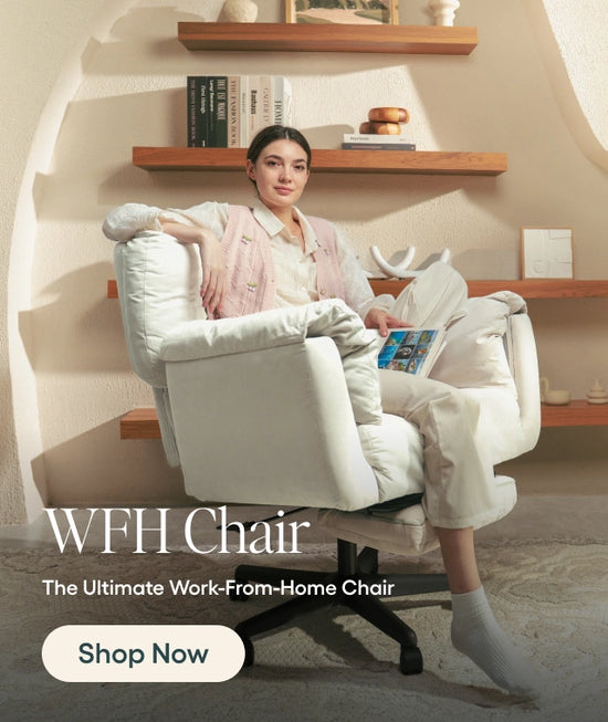 Woman sitting on a white office chair in a modern room with shelves.