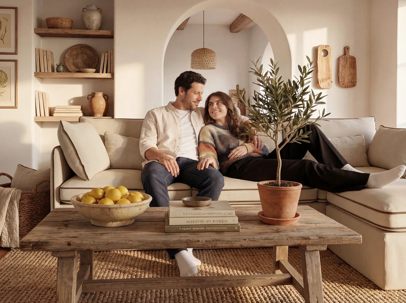 Couple sitting on a couch in a cozy living room with a wooden coffee table and decorative items.