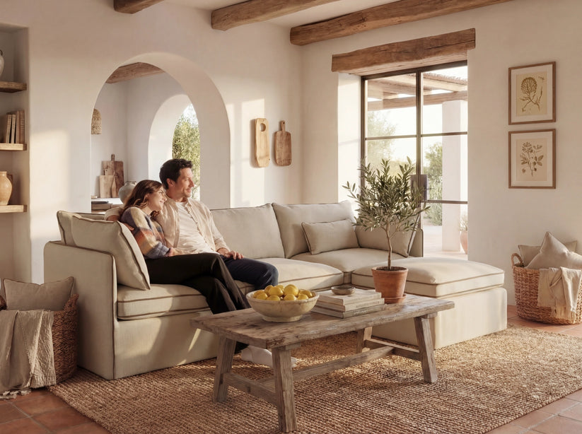 Living room with a couple sitting on a beige sofa, a wooden coffee table with fruit bowl and books, and decorative elements.