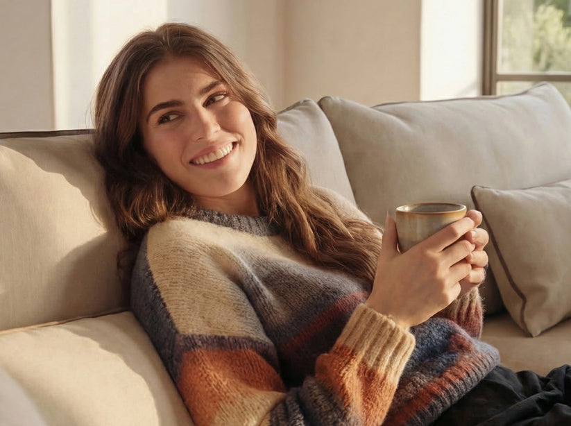 Woman in a colorful sweater holding a mug on a couch