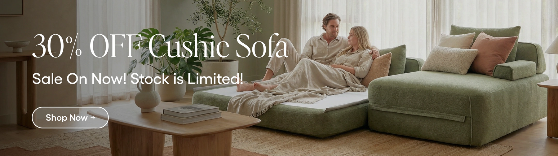 Promotional banner for a 30% off Cushie Sofa sale with a couple on a green sectional sofa.