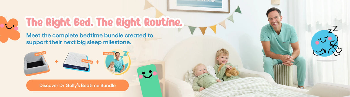 A promotional banner for a children's bedtime bundle, featuring a smiling man in a teal shirt sitting next to two children in a bed, alongside product illustrations of a white alarm clock, a green toothbrush holder, and a blue sleeping character graphic. The text reads 'The Right Bed.