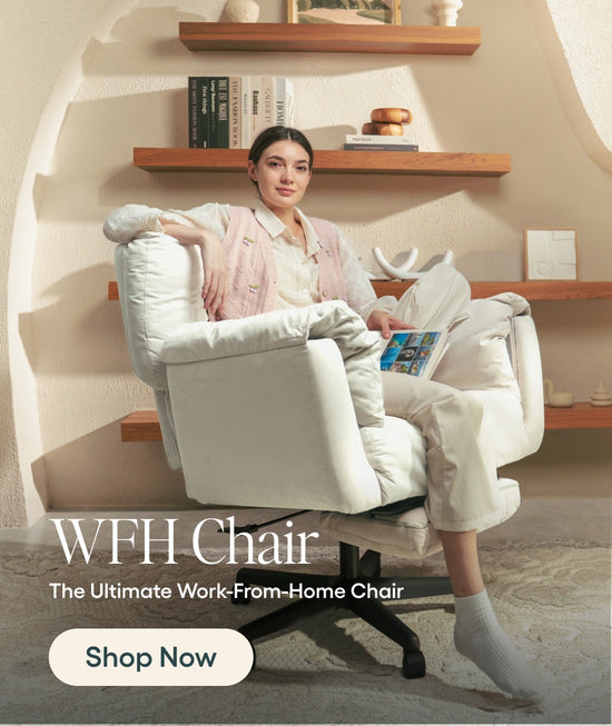 Woman sitting on a white chair in a modern room with shelves, promoting the 'WFH Chair'.