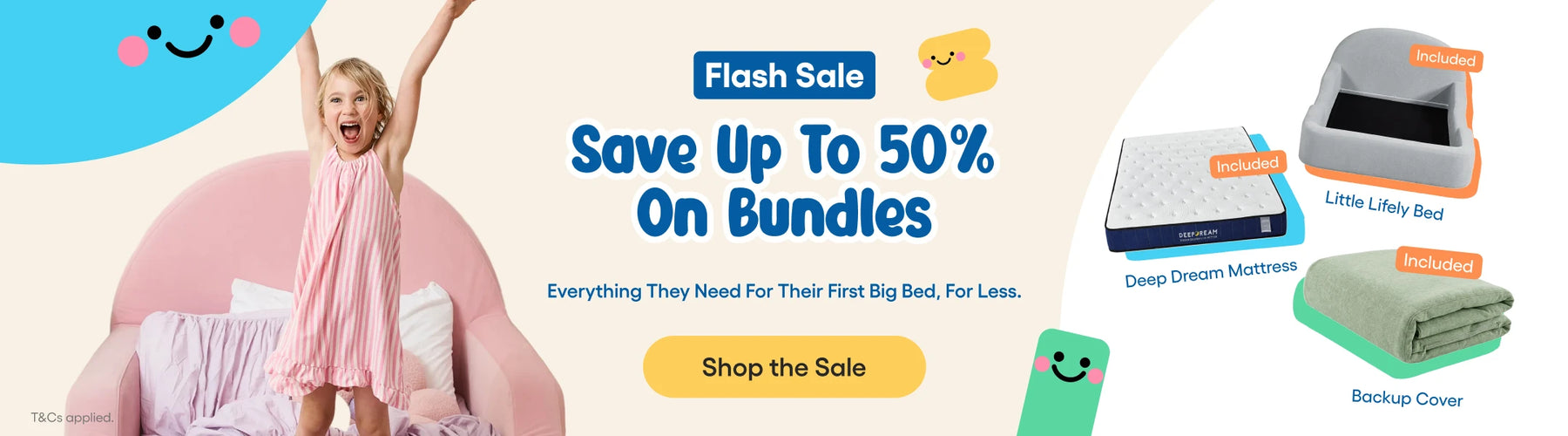 Promotional banner for a flash sale offering up to 50% off on bundles, featuring a young girl in a pink dress standing on a pink bed. On the right, three bedding products are shown: a gray mattress, a small light blue crib mattress, a green sleep cushion, and a green backup cover, with a yellow 'Shop the Sale' button below.