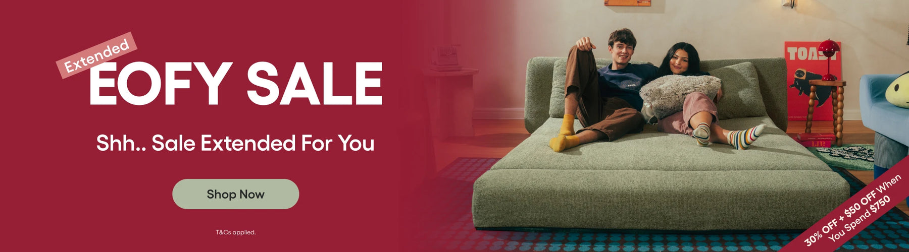 Promotional banner for EOFY sale with a couple on a couch in a living room setting.