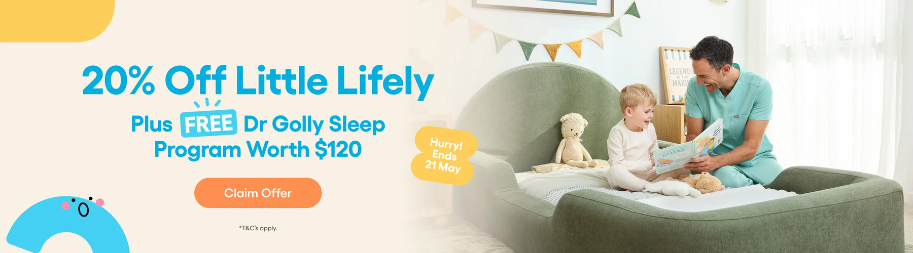 Promotional banner with a father and child reading a book on a couch, featuring a discount offer.