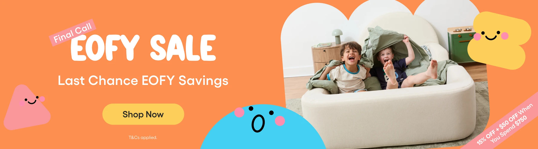 EOFY sale banner with children on a couch and promotional text on an orange background
