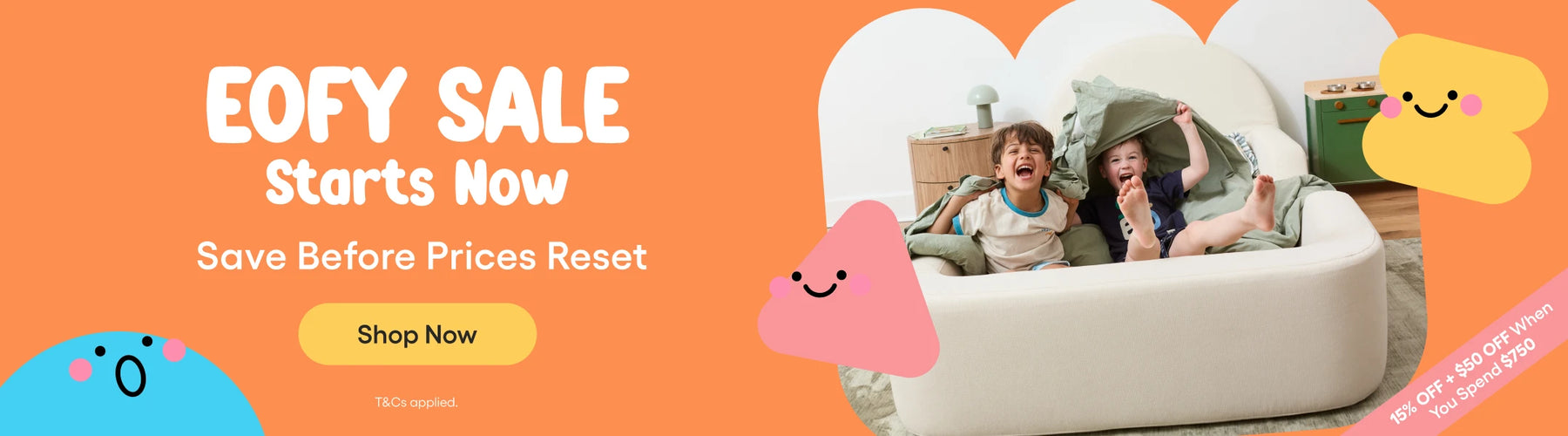 Promotional banner for EOFY sale with children on a couch and colorful elements.