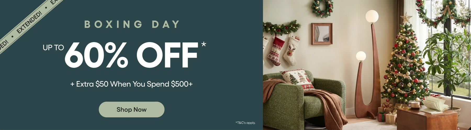 Promotional Boxing Day sale banner with a decorated living room in the background.