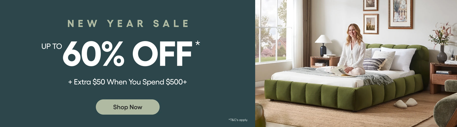 Advertisement for a new year sale with a woman sitting on a green bed in a bedroom.