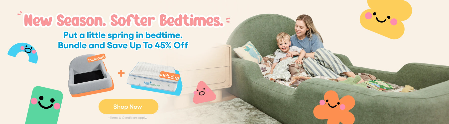 A promotional banner for a bedding bundle featuring a woman and child relaxing in a green bed on the right, alongside product cutouts of a spring pillow and a mattress protector on the left. The text reads 'New Season.