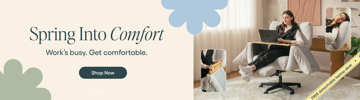 Promotional banner for an ergonomic office chair with a desk attachment. The left side features the text 'Spring Into Comfort' and a 'Shop Now' button on a beige background with decorative blue and green shapes.