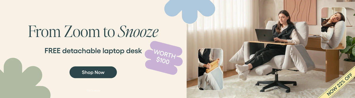 Promotional banner for a free detachable laptop desk, featuring the text 'From Zoom to Snooze' and 'FREE detachable laptop desk' on a cream background, alongside lifestyle photos of women using the desk in home office settings.