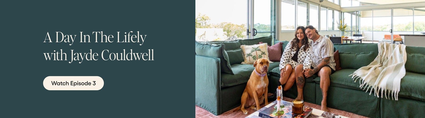 Family sitting on a couch with a dog in a living room, promotional banner for 'A Day In The Lively with Jayde Couldwell'.