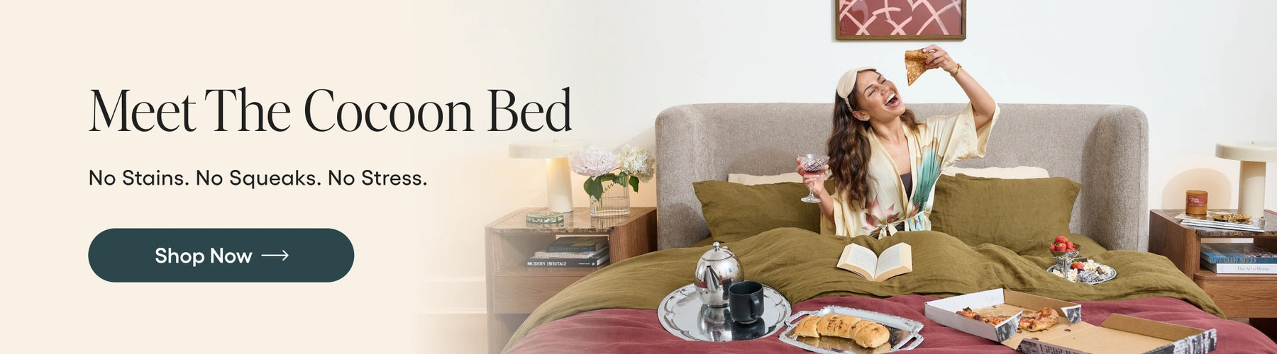 Woman relaxing on a Cocoon Bed with a 'Shop Now' button below.