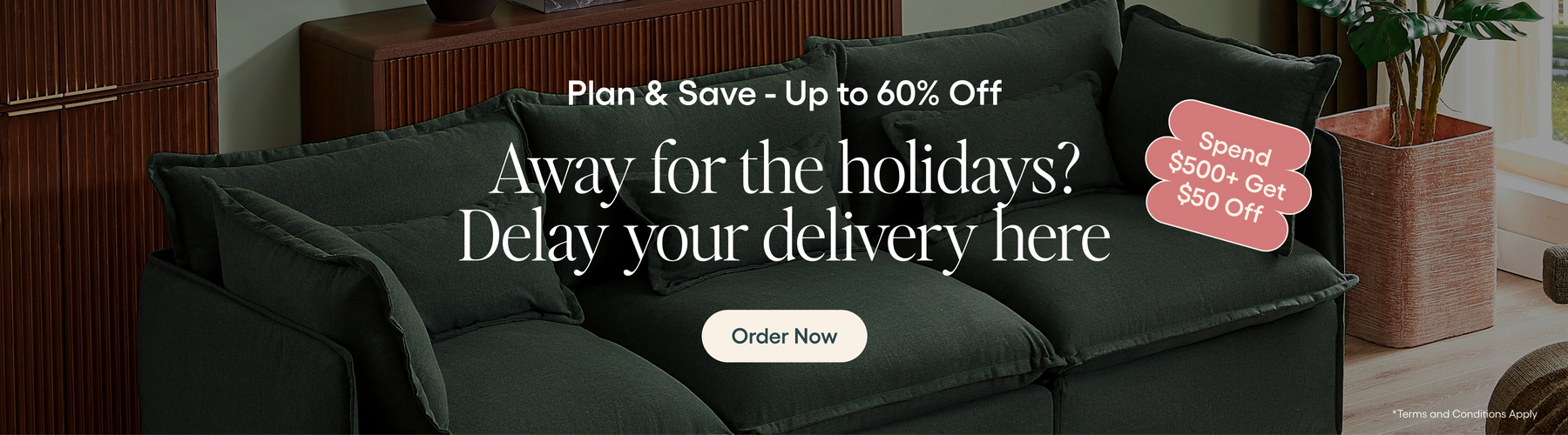 Black sofa with promotional text overlay in a living room setting