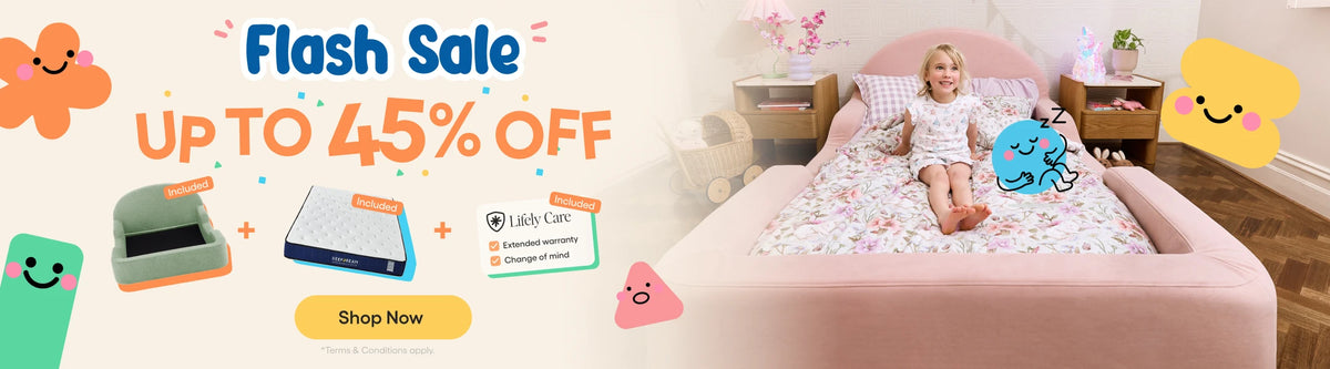 A promotional banner for a children's bed featuring a young girl sitting on a pink bed with a floral mattress. The left side has large text reading 'Flash Sale UP TO 45% OFF' with cartoon graphics and a 'Shop Now' button.