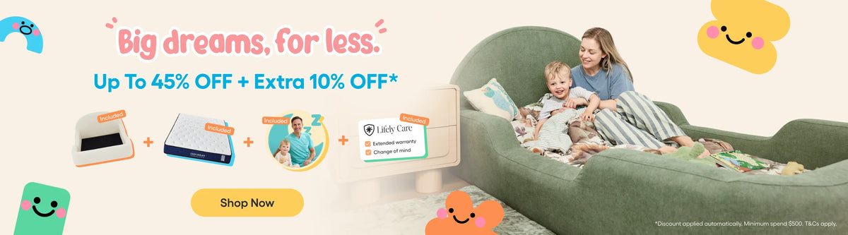 Promotional banner for a mattress and bedding set, featuring a woman and child sitting on a green upholstered daybed with a baby monitor screen, alongside product cutouts and text offering up to 40% off and extra 10% off.