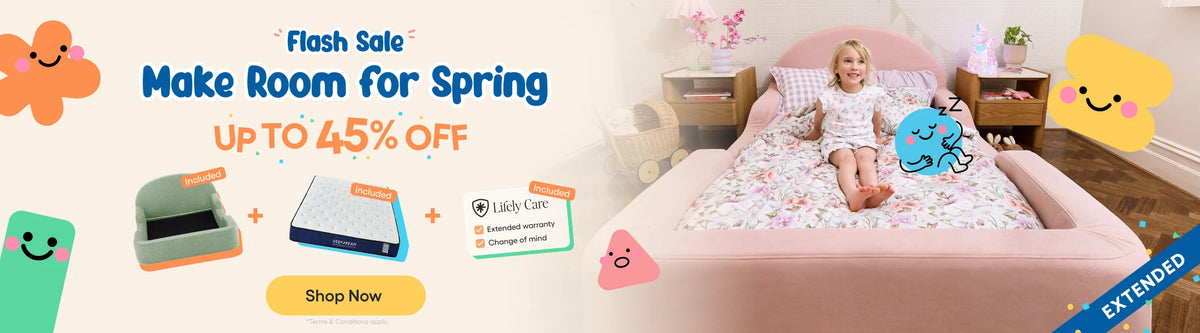 A promotional banner for a children's bed featuring a young girl sitting on a pink bed with a floral mattress. The left side includes marketing text ('Flash Sale Make Room for Spring UP TO 45% OFF'), cartoon smiley-face graphics, and small floating product cutouts.