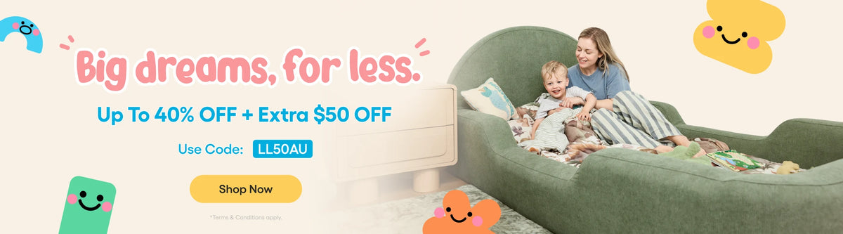 Promotional banner for a sofa bed with a woman and child sitting on it, alongside text offering discounts and a yellow 'Shop Now' button.