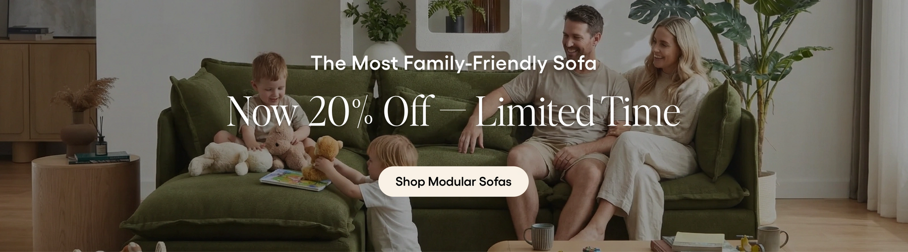 Family sitting on a green sofa with promotional text overlay in a living room setting.