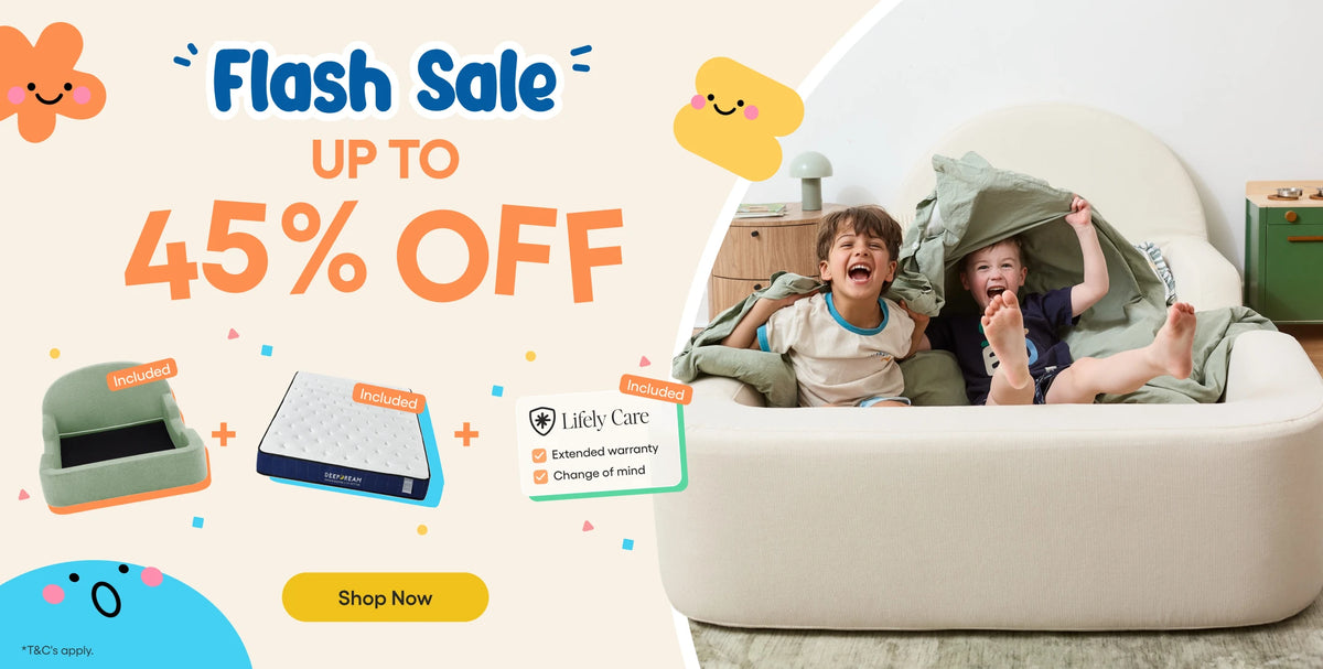 Promotional banner for a mattress deal with large text reading 'Flash Sale UP TO 45% OFF,' small product thumbnails, a 'Lifely Care' badge, and a lifestyle photo of two children lying on a cream upholstered bed in a bright room.