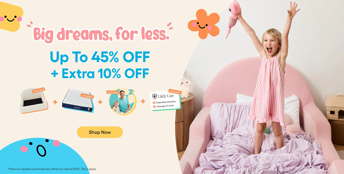 A promotional banner for a sleep training bundle. On the left, text reads 'Big dreams, for less.