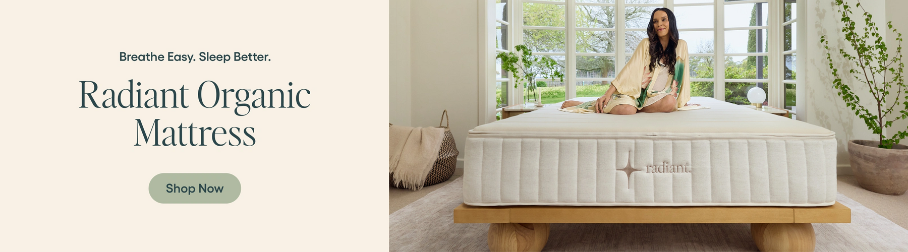 Woman lying on a mattress with promotional text for Radiant Organic Mattress.