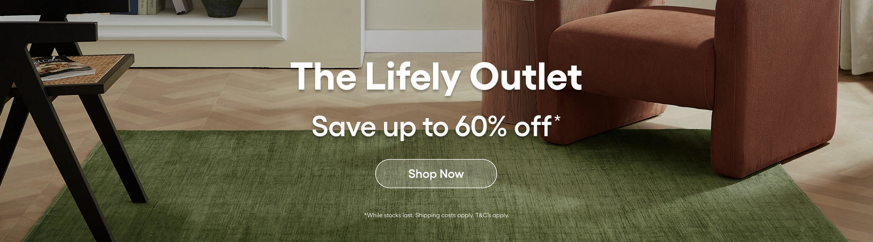 Advertisement for 'The Lively Outlet' with a chair and rug in a room.