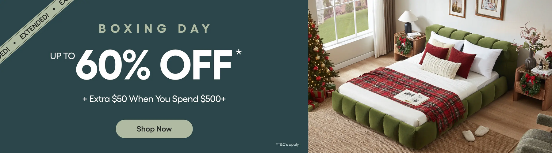Promotional banner for Boxing Day sale with a bedroom scene and Christmas tree.