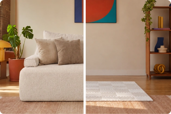 A split-screen lifestyle image showing a modern living room setup. The left half features a low-profile, boxy upholstered sofa in a textured off-white fabric with two beige throw pillows, next to a potted green plant.