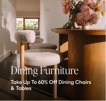 Dining room with chairs and a table, featuring a promotional message for dining furniture.