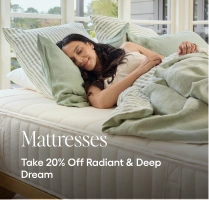 Woman lying in bed with green bedding, promotional text for mattresses on a white background