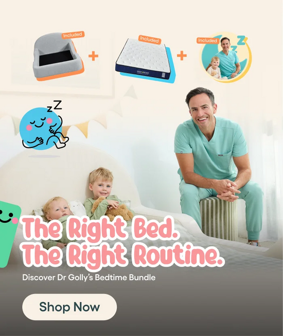 Promotional banner for Dr. Golly's Bedtime Bundle featuring a smiling man in teal medical scrubs sitting on a radiator next to children in bed, with floating graphics of a pet bed, mattress, and sleeping cartoon icon.
