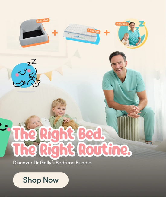 Promotional graphic for Dr. Golly's Bedtime Bundle showing a smiling man in mint green medical scrubs sitting on a radiator next to a bed with two children, alongside floating product renderings of a pet bed and a cooling mat with 'Included' labels.