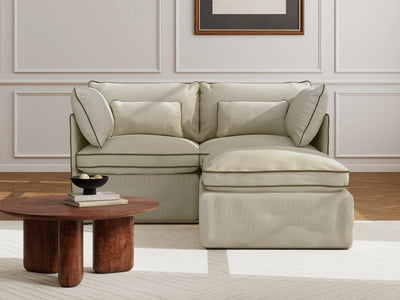 2 Seater / Sofa + Ottoman / Cream With Brown Piping