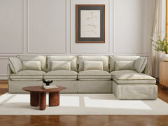 4 Seater / Sofa + Ottoman / Cream Piping