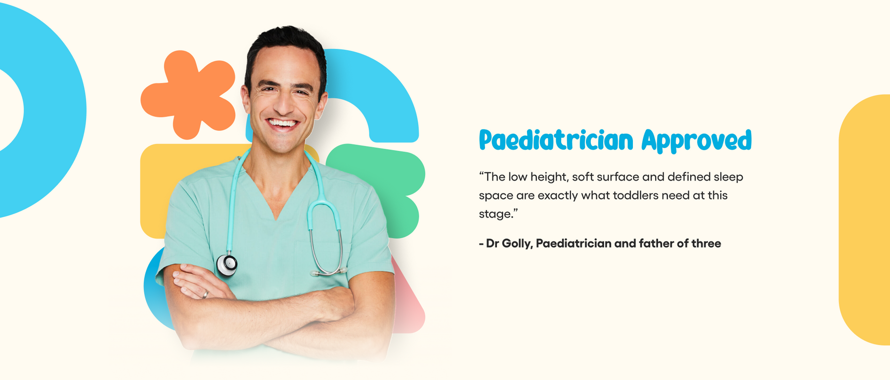 Doctor with arms crossed against a colorful background with text about paediatrician approval.