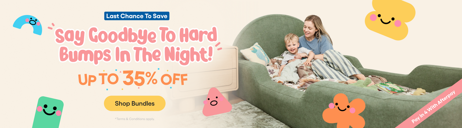 Promotional banner for a green children's bed with a woman and child lying on the bed, alongside large sale text, a 'Shop Bundles' button, and cartoon character graphics on a white background.