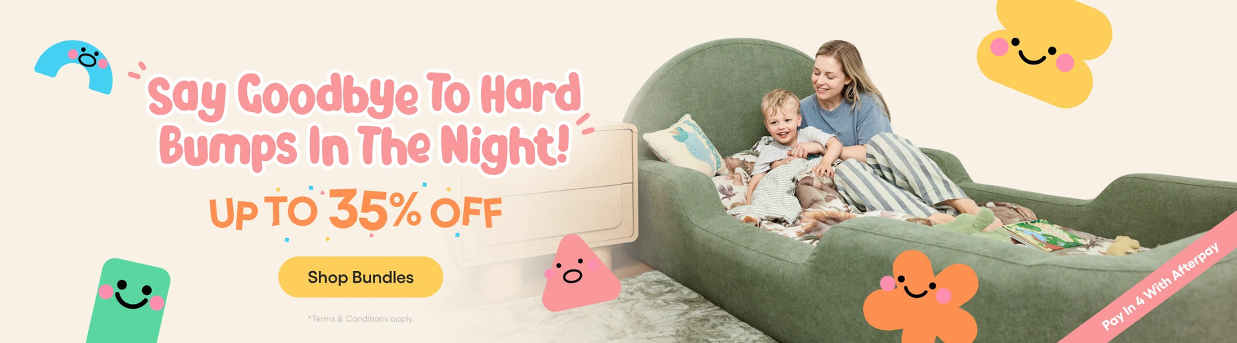 Promotional banner for a children's bed with a woman and child sitting inside, alongside text reading 'Say Goodbye to Hard Bumps in the Night! UP TO 35% OFF' and 'Shop Bundles'.