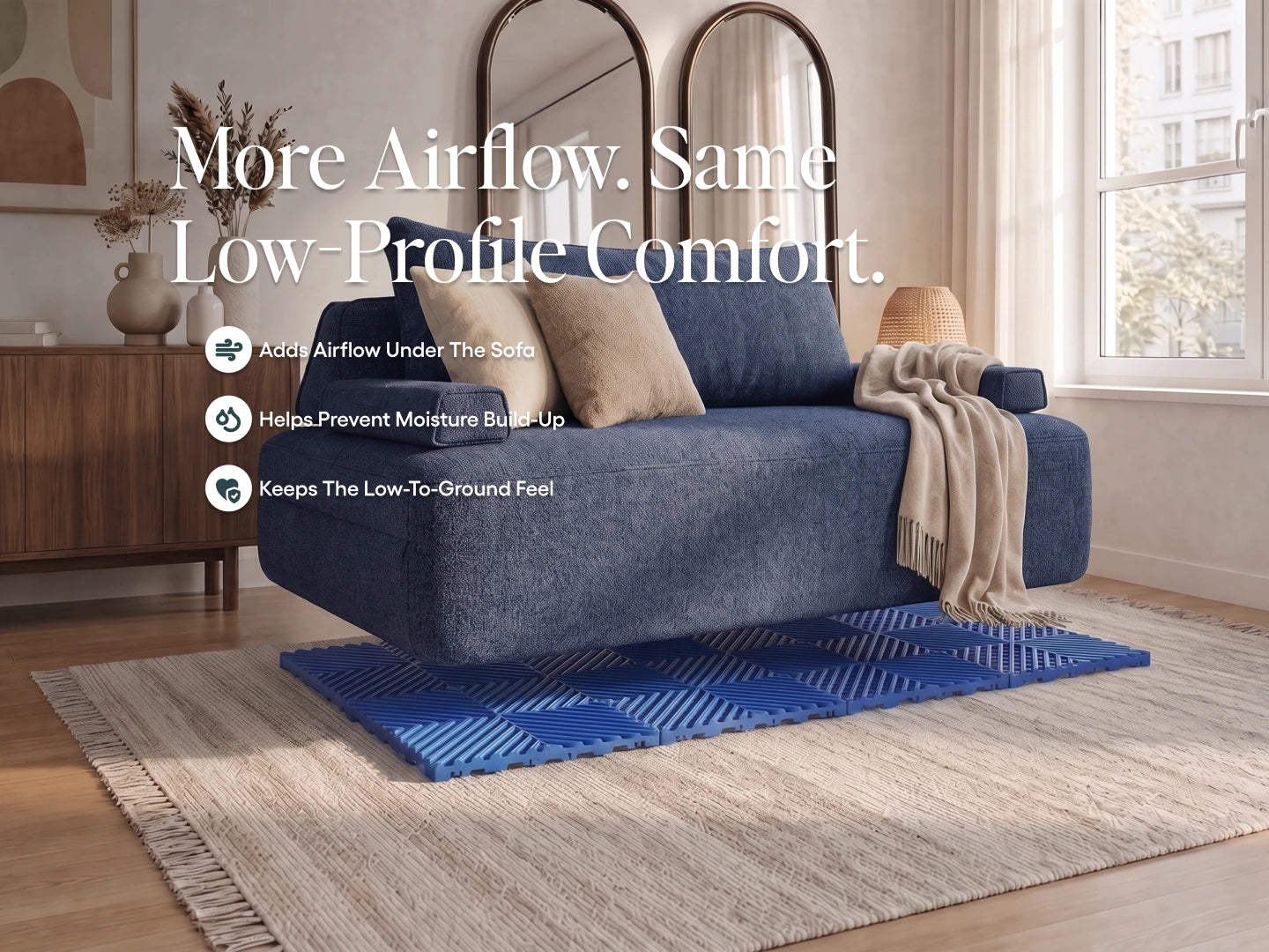 Blue Cushie sofa bed over a matching blue Airflow Pad. Adds airflow, helps prevent moisture build-up and keeps a low profile.