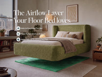 Green Cocoon Bed Airflow Pad beneath the Cocoon Bed in a bedroom