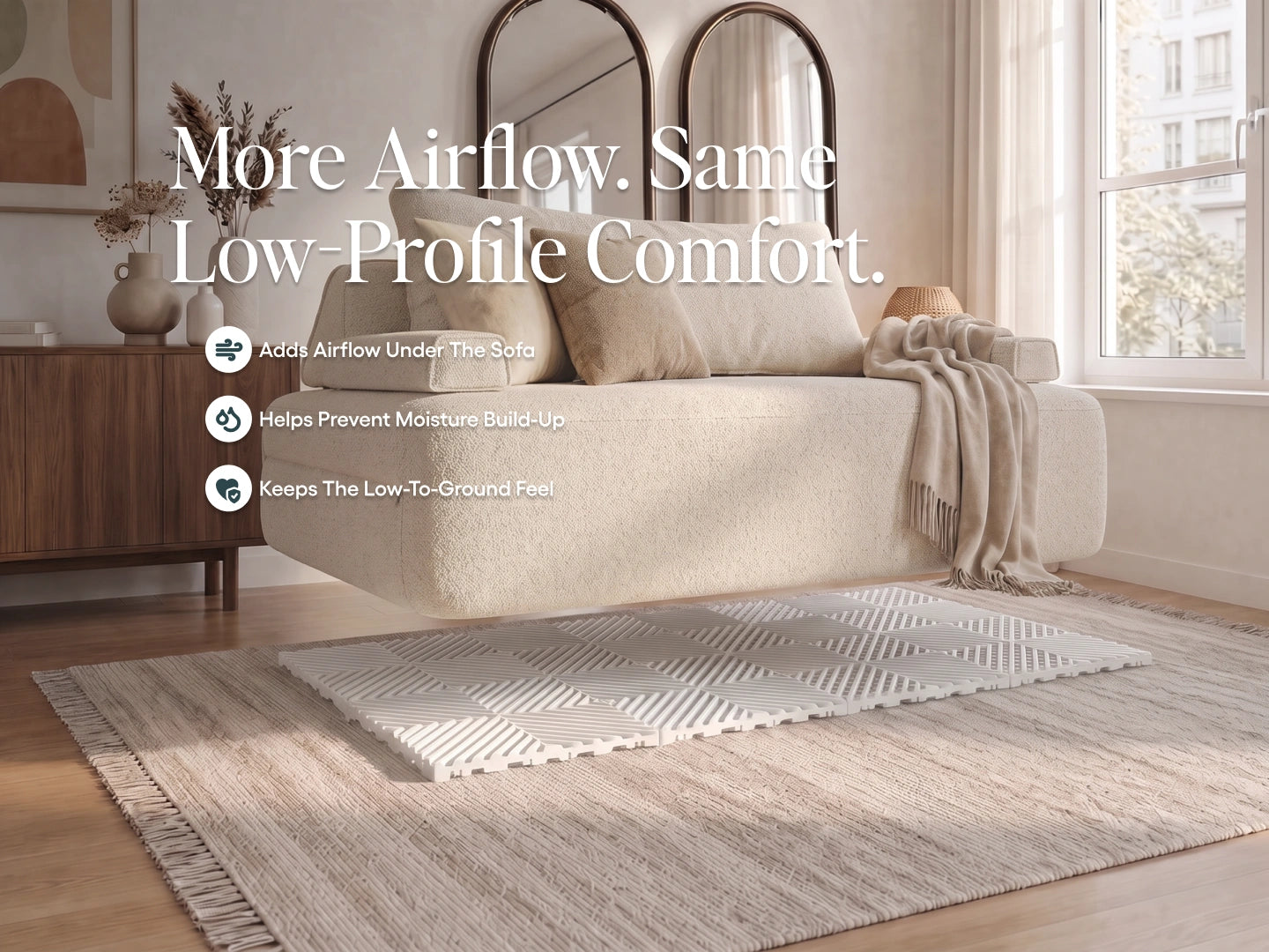 Cream Cushie sofa bed over a white Airflow Pad. Adds airflow, helps prevent moisture build-up and keeps a low profile.