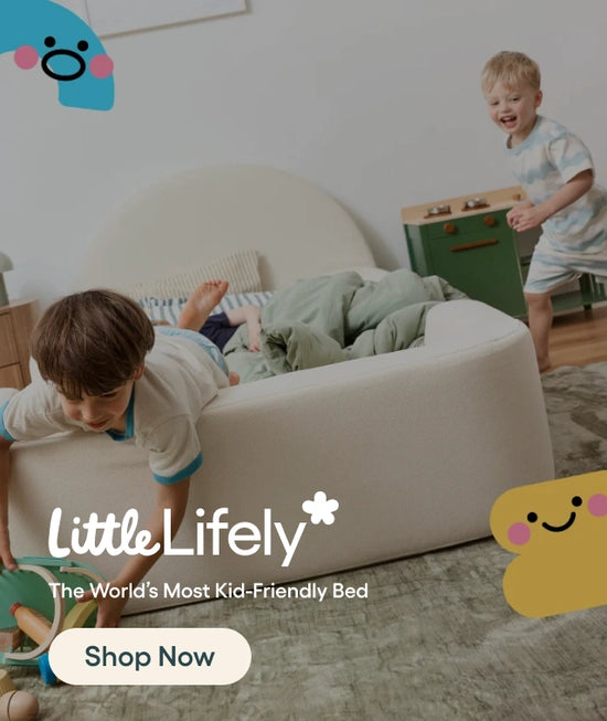 Children playing around a bed with 'Little Lifely' branding.