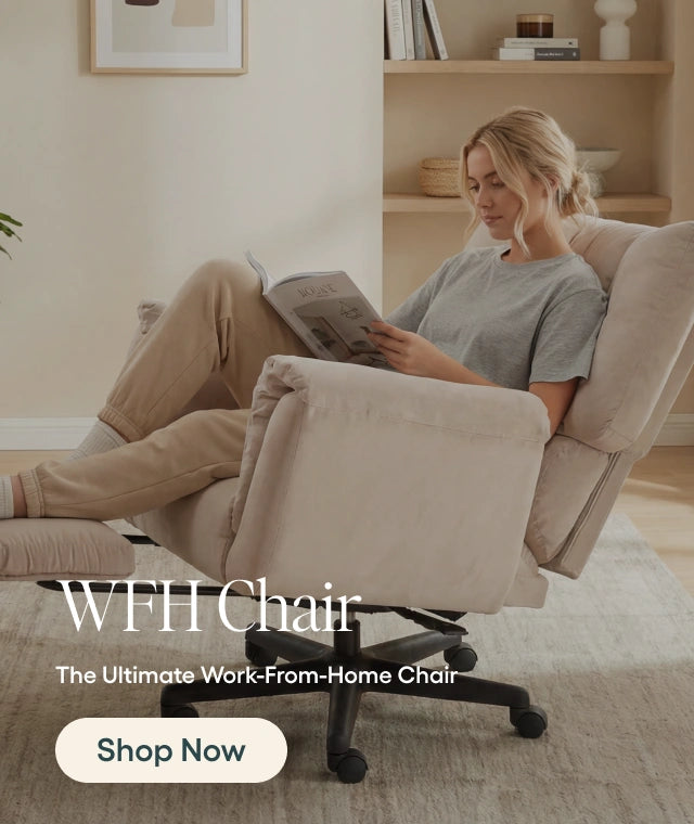 Woman sitting in a beige recliner chair reading a book with 'WFH Chair' text overlay.
