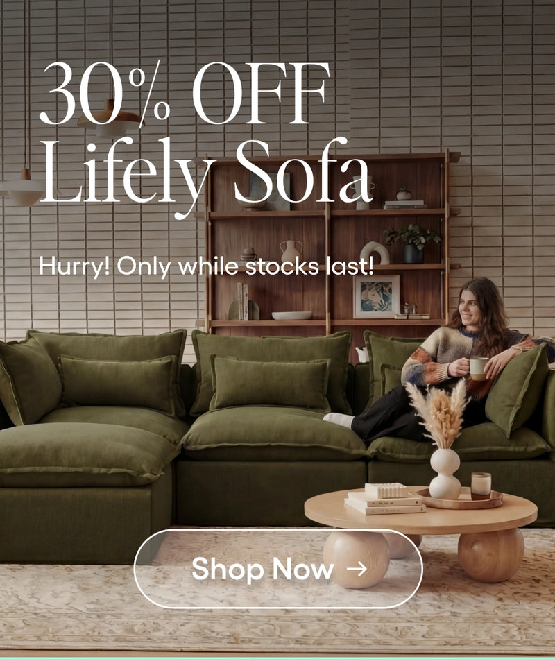Promotional image of a green sofa with a person sitting on it, featuring text about a discount on a 'Lively Sofa'.